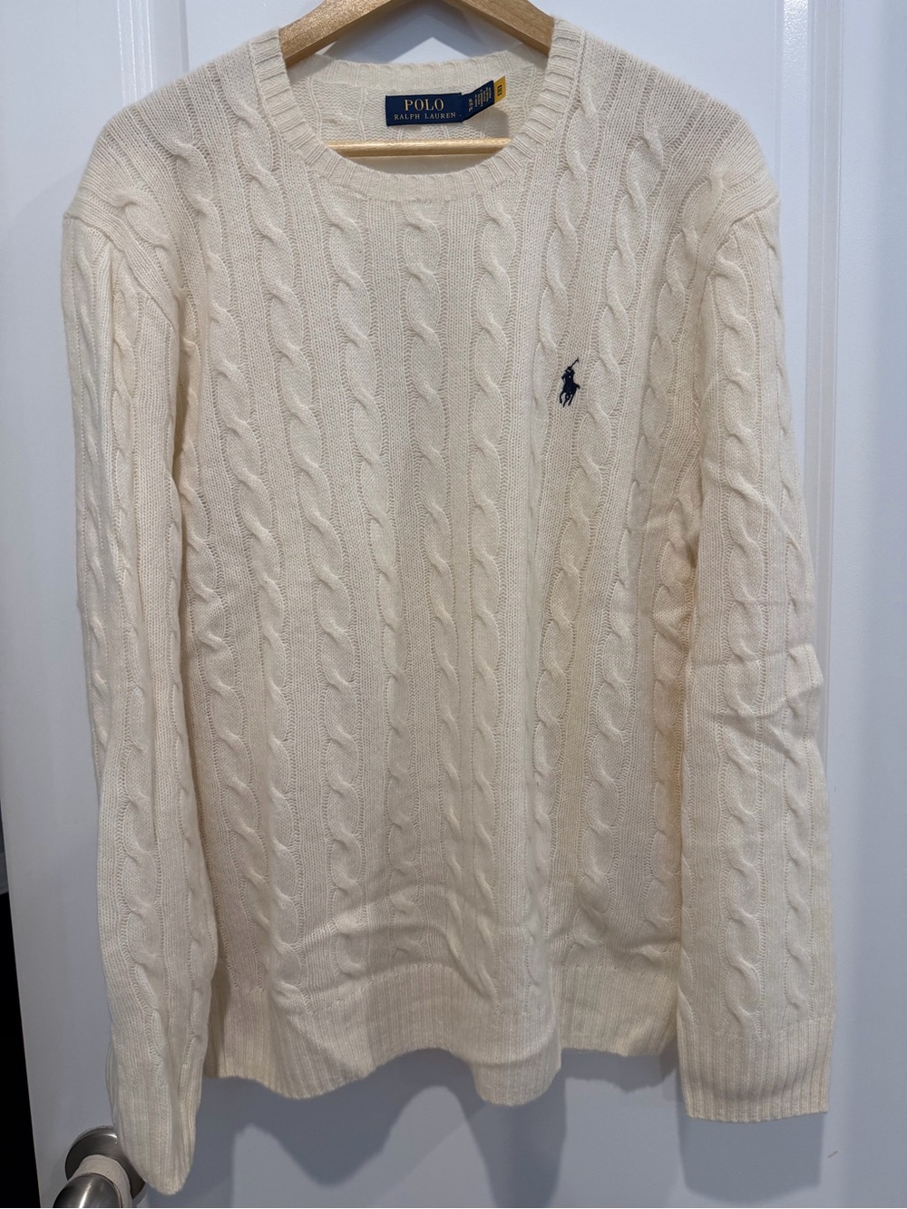 Ralph Lauren Cream Cable-Knit Crewneck Sweater with Navy Pony